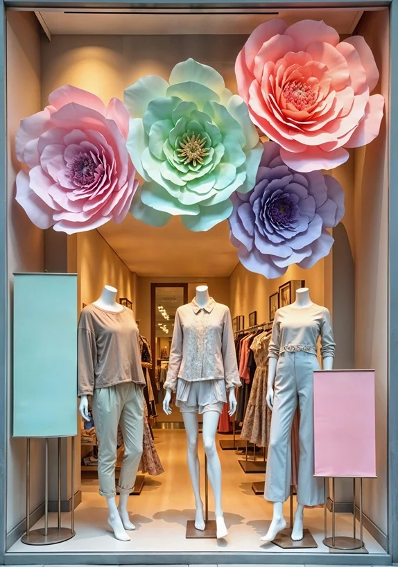 Escaparate de moda con maniquíes y una composición de flores