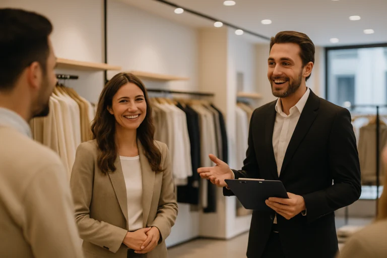 Escena de formación y conversación con un equipo de tienda