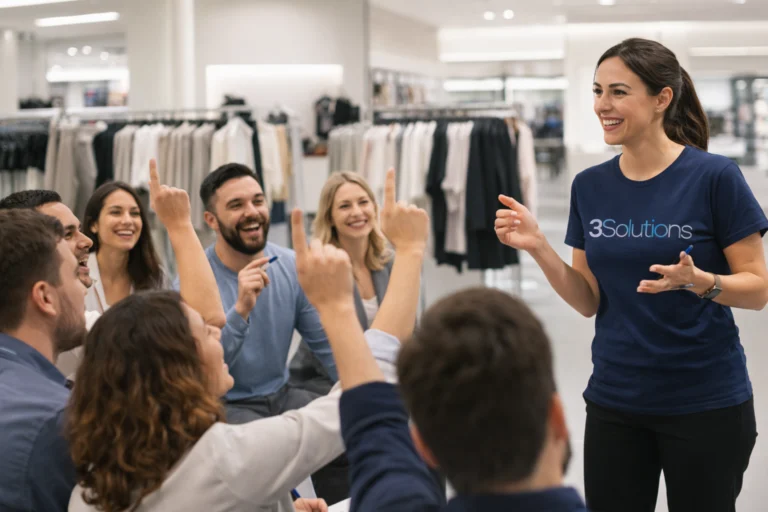 Escena de formación de un equipo en una tienda de moda