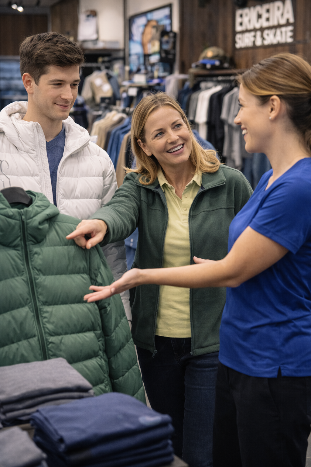 Una profesional escucha a dos compradores que observan una chaqueta en una tienda de ropa