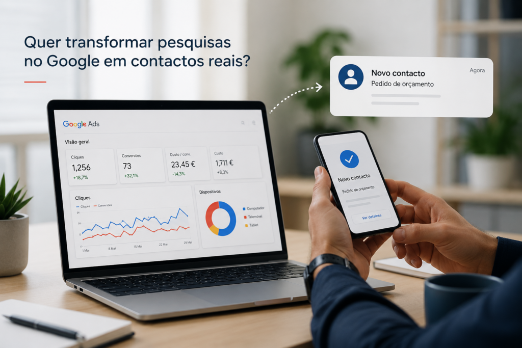 Painel de Google Ads com aumento de contactos e pedidos de orçamento em smartphone