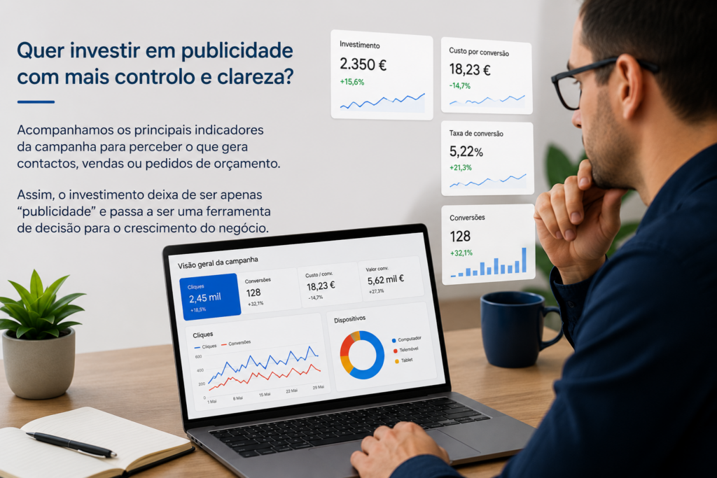 Empresário a analisar métricas e resultados de campanhas Google Ads num portátil