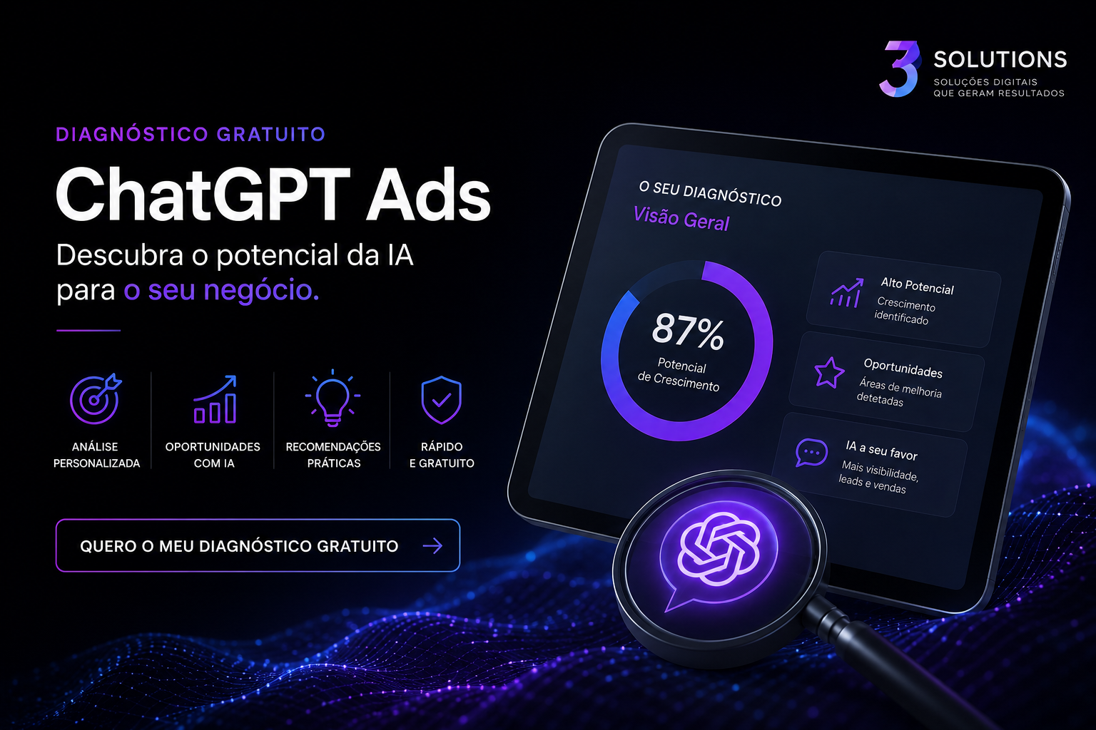 Diagnóstico gratuito ChatGPT Ads para avaliar o potencial de uma empresa na publicidade com inteligência artificial